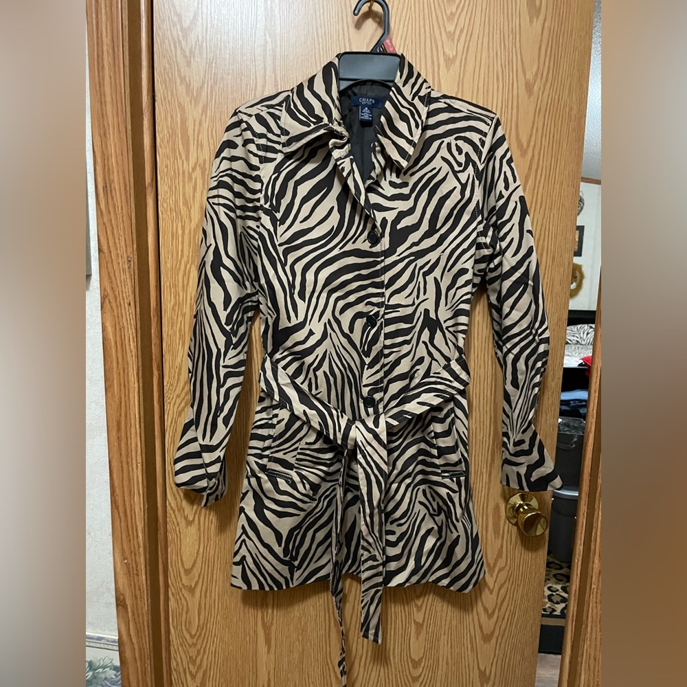 Chaps Zebra Print Trench Coat - Black and Tan